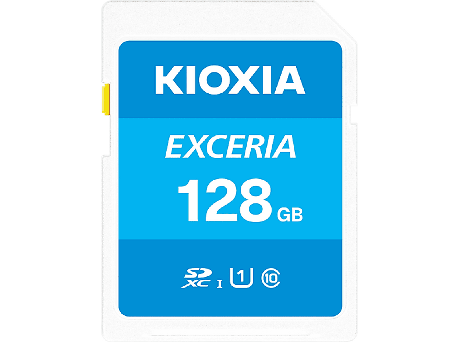 Scheda SD KIOXIA EXCERIA 128GB blu e bianca. Contiene dettagli del marchio e capacità.
