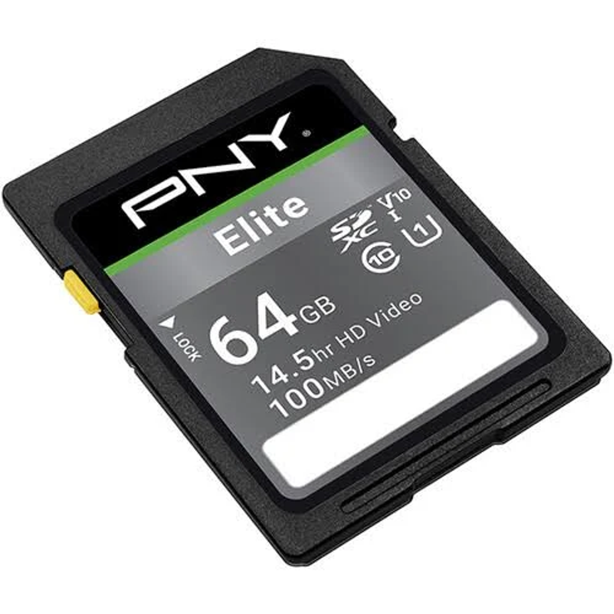 Schwarze SD-Karte mit weißem Text. Zeigt Marke, Kapazität (64 GB) und weitere Details.