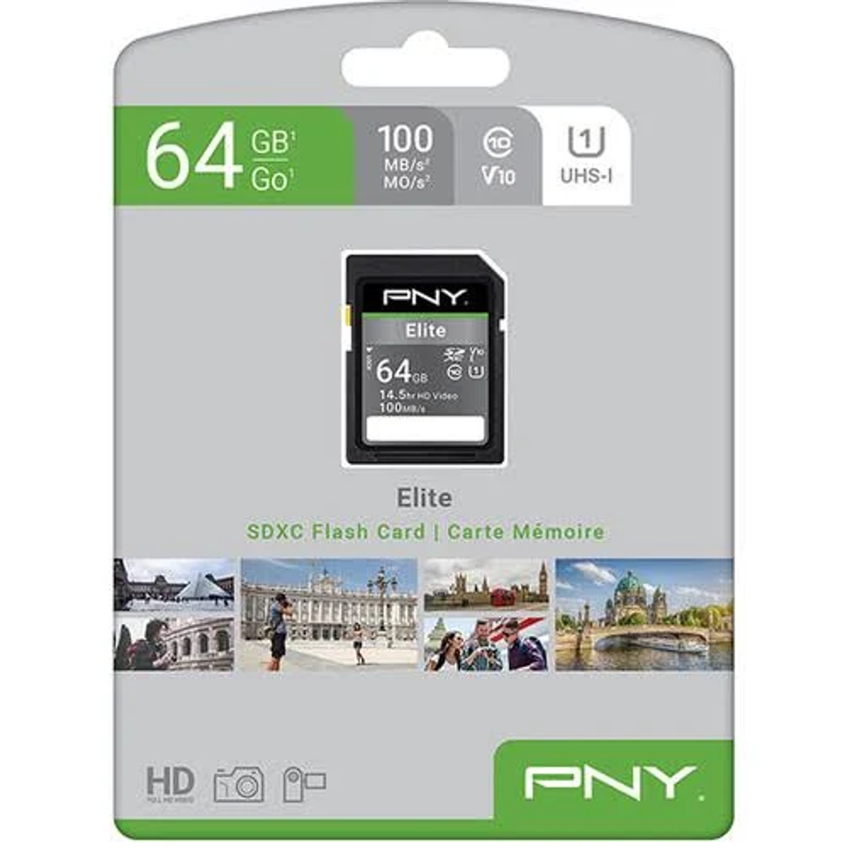 SD-Kartenverpackung mit sichtbarer Karte. Text enthält Elite, 64GB und PNY-Logo.