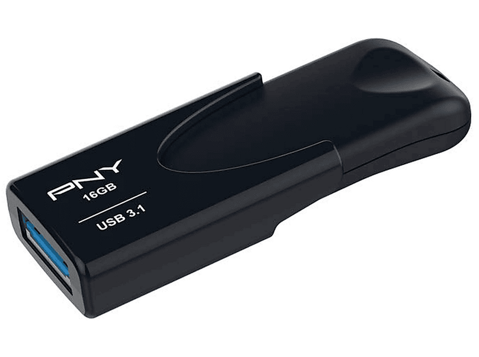 Czarny pendrive z niebieskim złączem USB. Widoczna nazwa marki PNY.