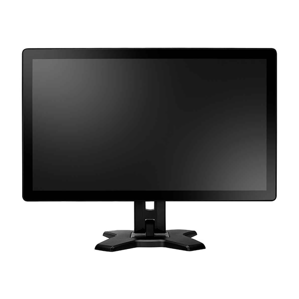 Ein großer schwarzer Computermonitor auf einem schwarzen Ständer vor weißem Hintergrund.
