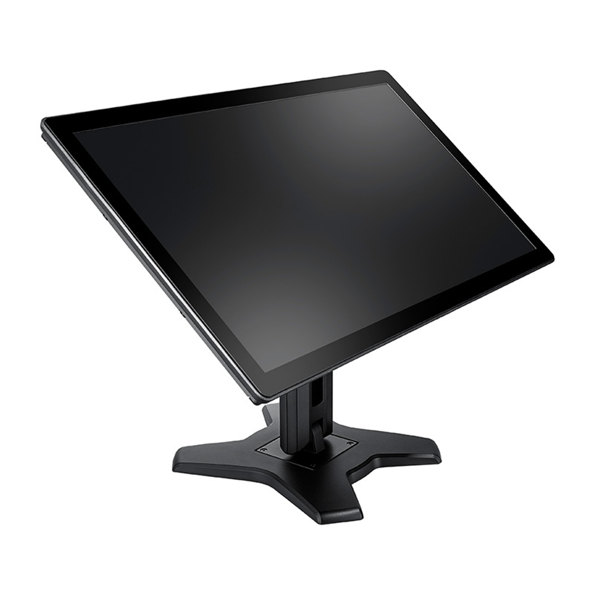 Ein schwarzer Touchscreen-Monitor auf einem schwarzen Ständer. Der Bildschirm ist nach oben geneigt.