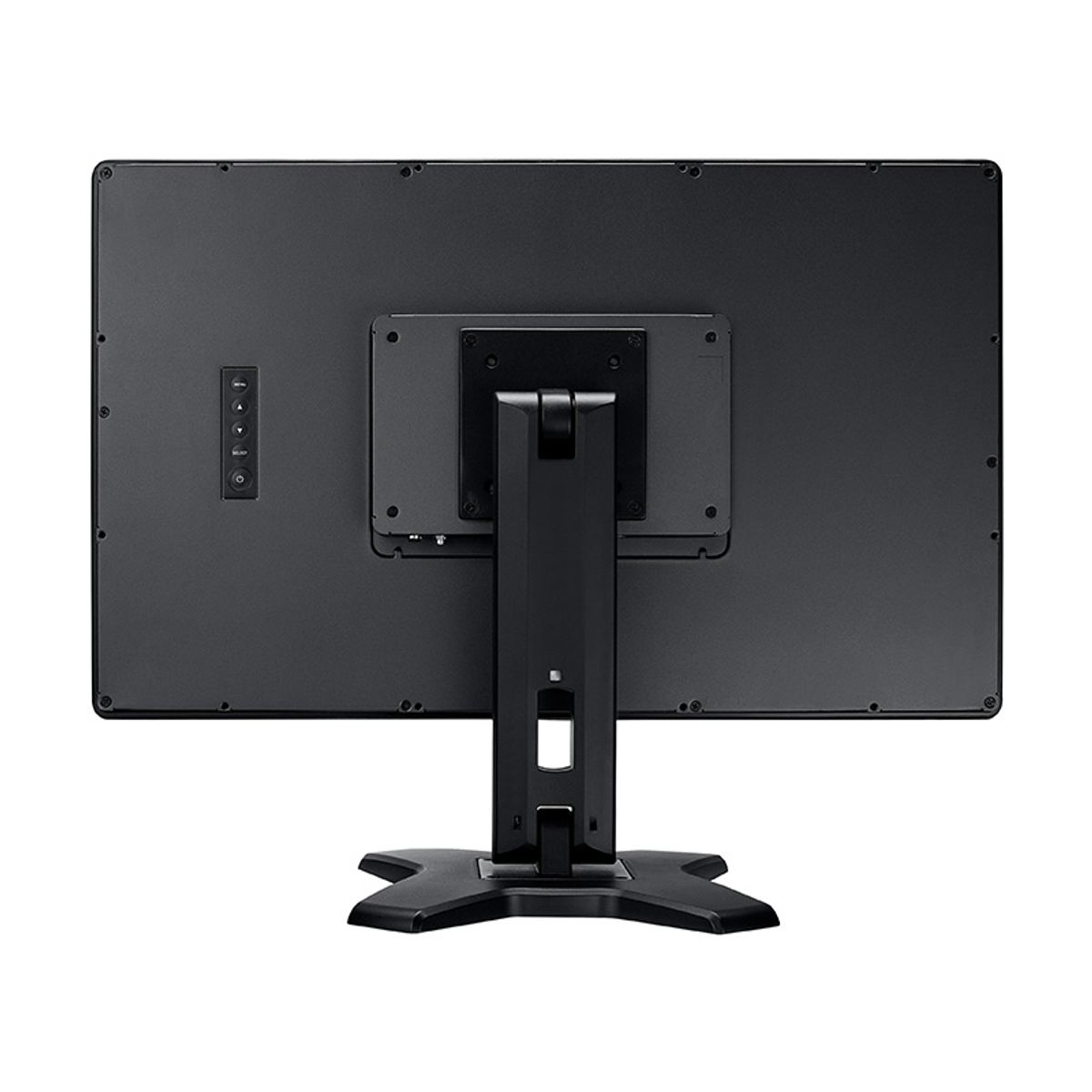 Rückseite eines schwarzen Computermonitors mit Ständer. Zeigt Anschlüsse und Montage.