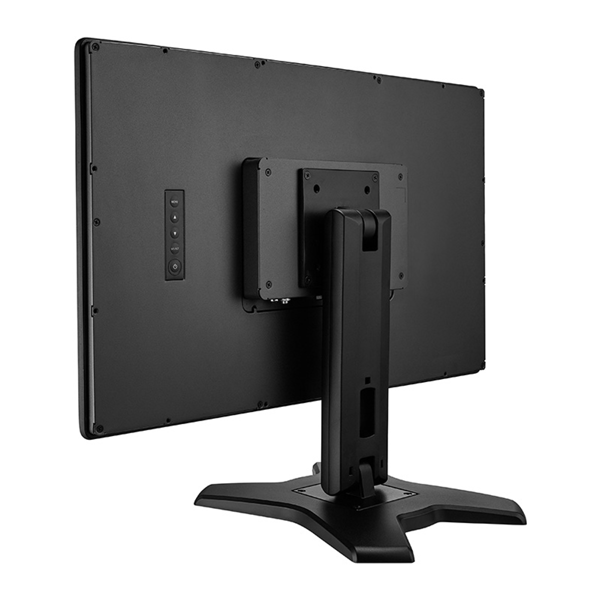 Rückansicht eines schwarzen Computermonitors.