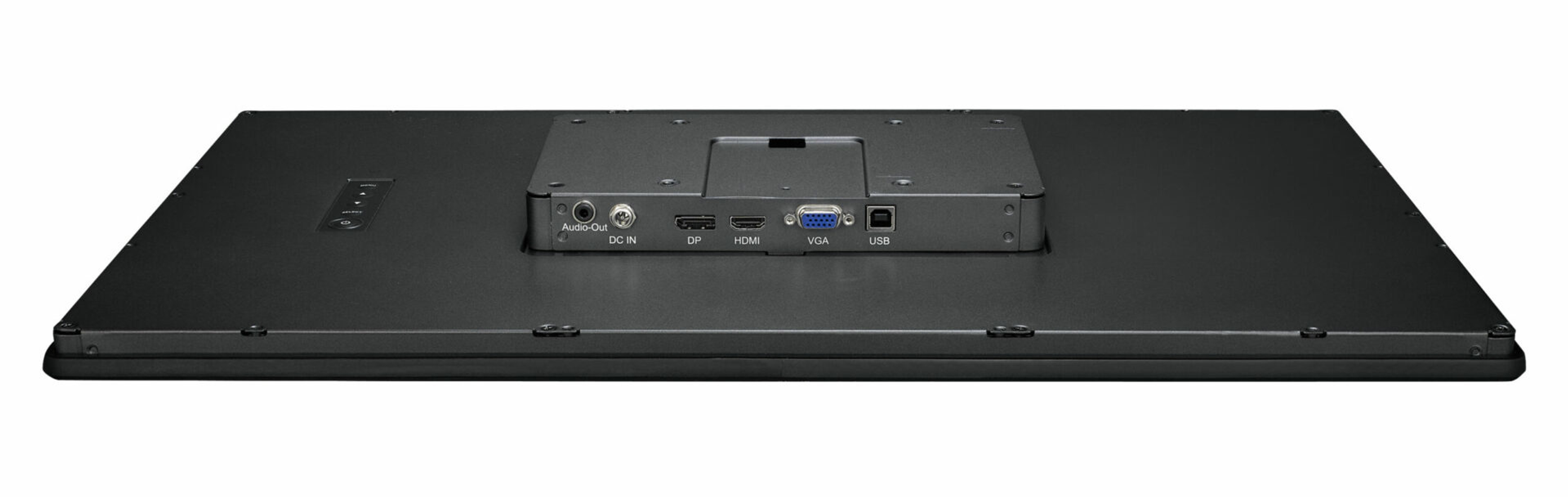 Rückseite eines schwarzen Monitors mit verschiedenen Anschlüssen. Audioausgang, HDMI, DP, VGA und USB.
