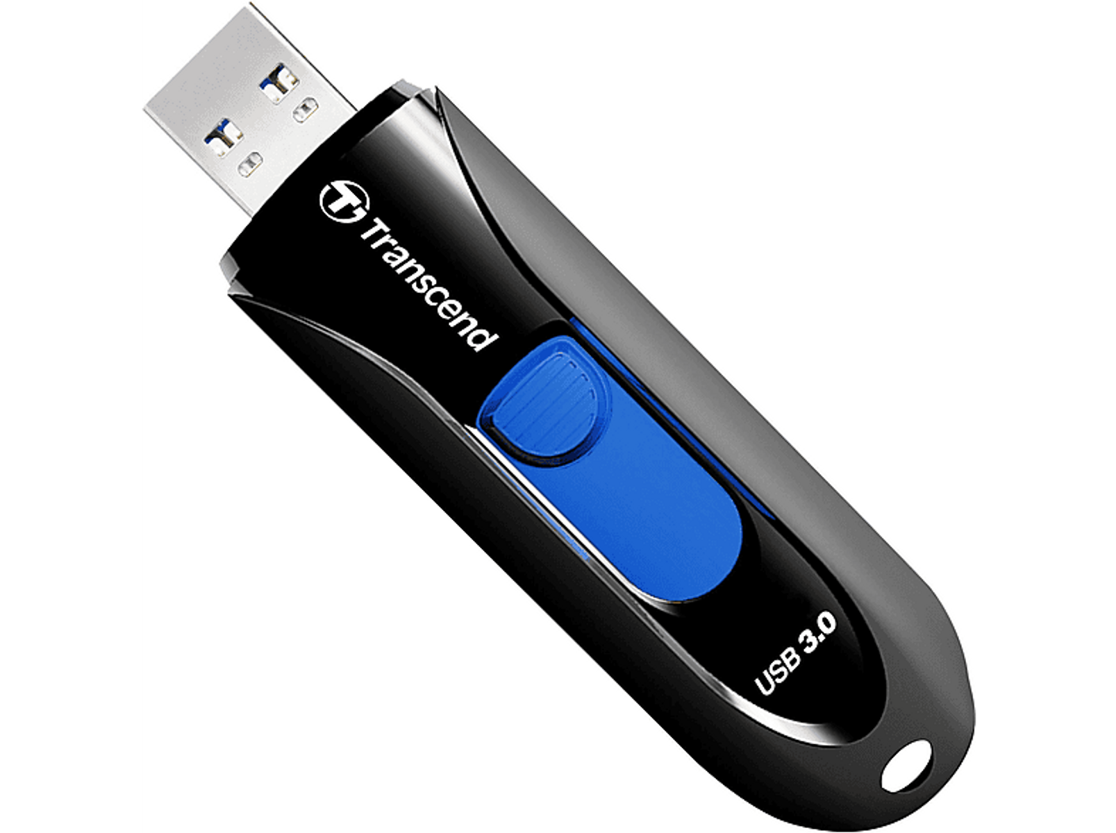 Czarny i niebieski pendrive Transcend.