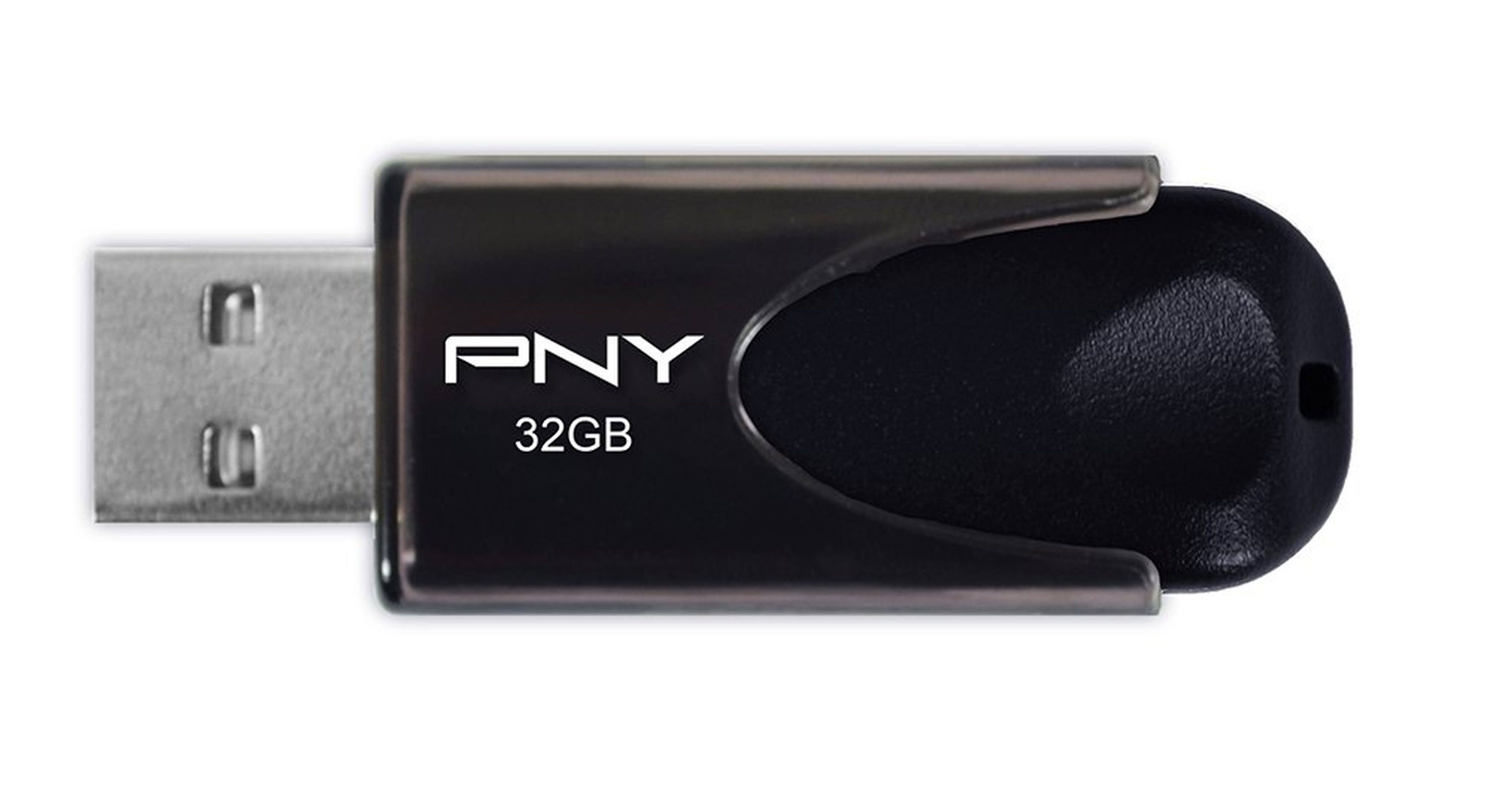 Czarny pendrive PNY, 32GB, z etykietą na białym tle.