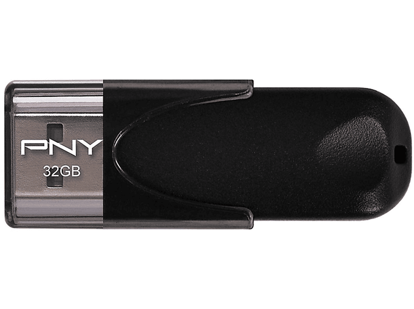 Czarny pendrive PNY 32GB ze srebrnym złączem.
