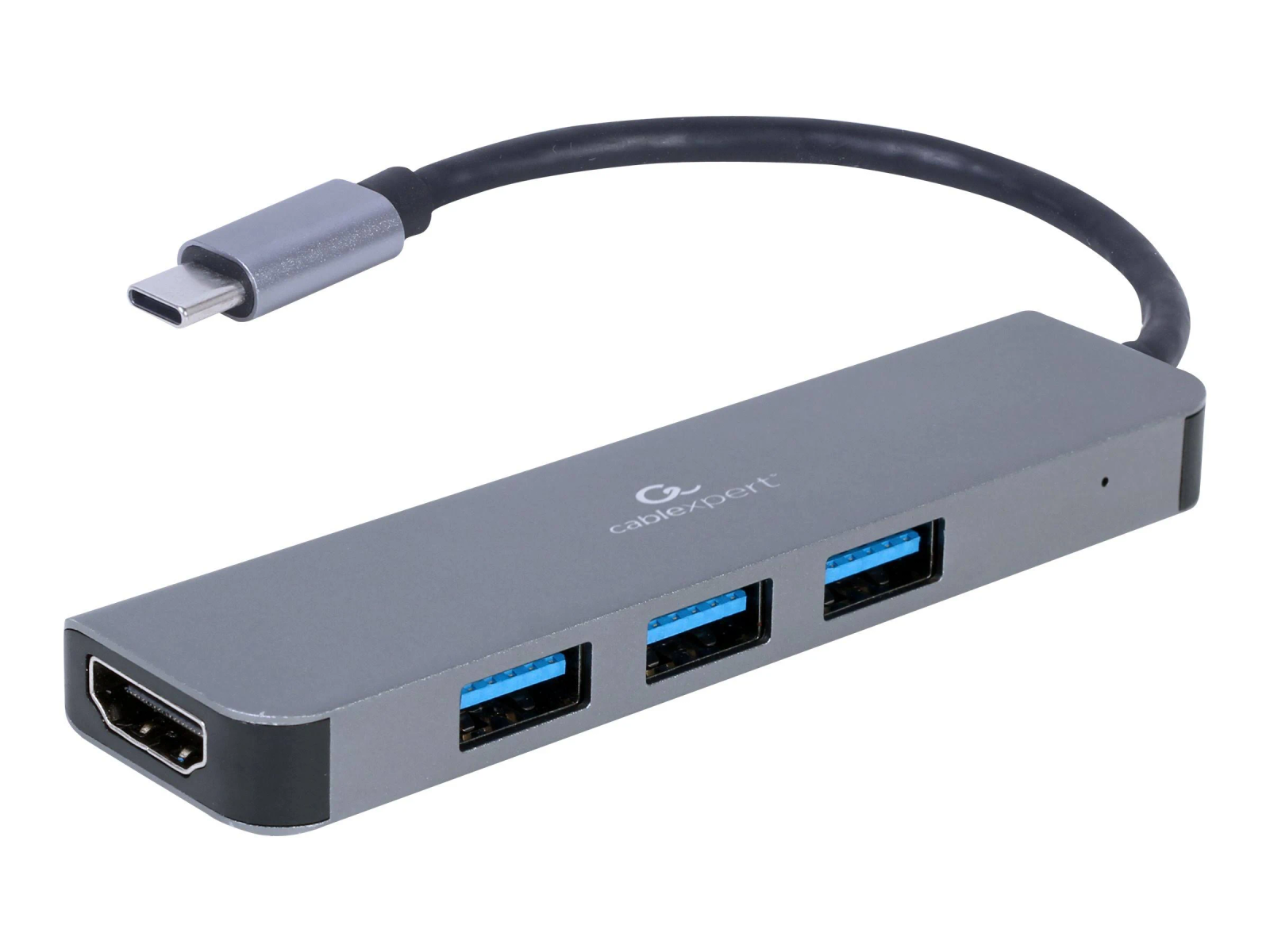 Un hub USB-C argentato con tre porte USB-A e una porta HDMI e un cavo nero.