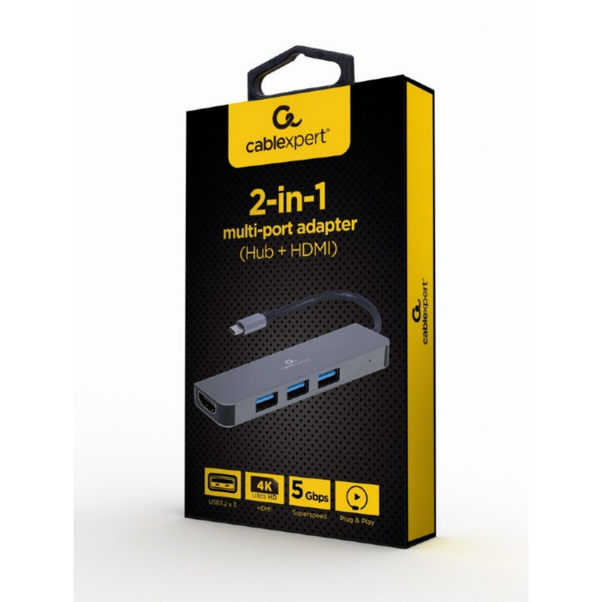 La scatola mostra un adattatore multiporta 2 in 1 con porte HDMI e USB. È nero e giallo.