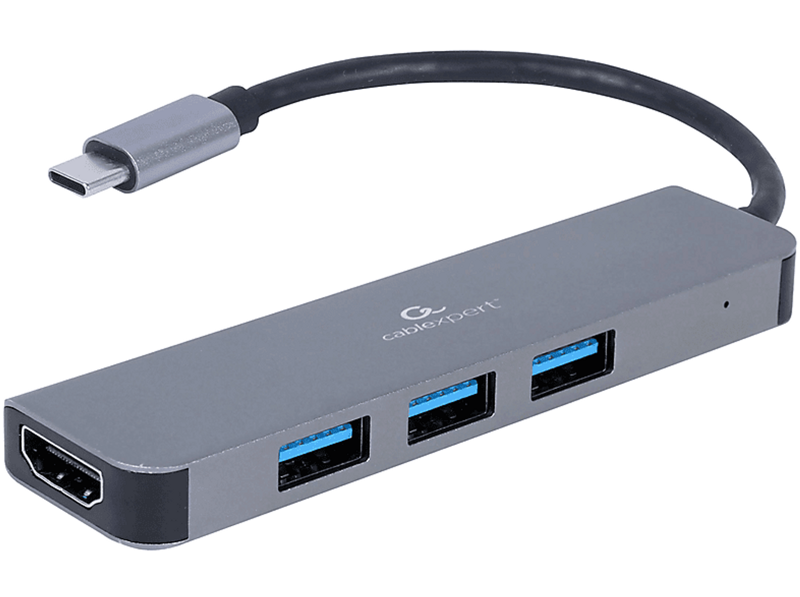 Un hub USB grigio con una porta HDMI e tre porte USB, con cavo e sfondo neri.