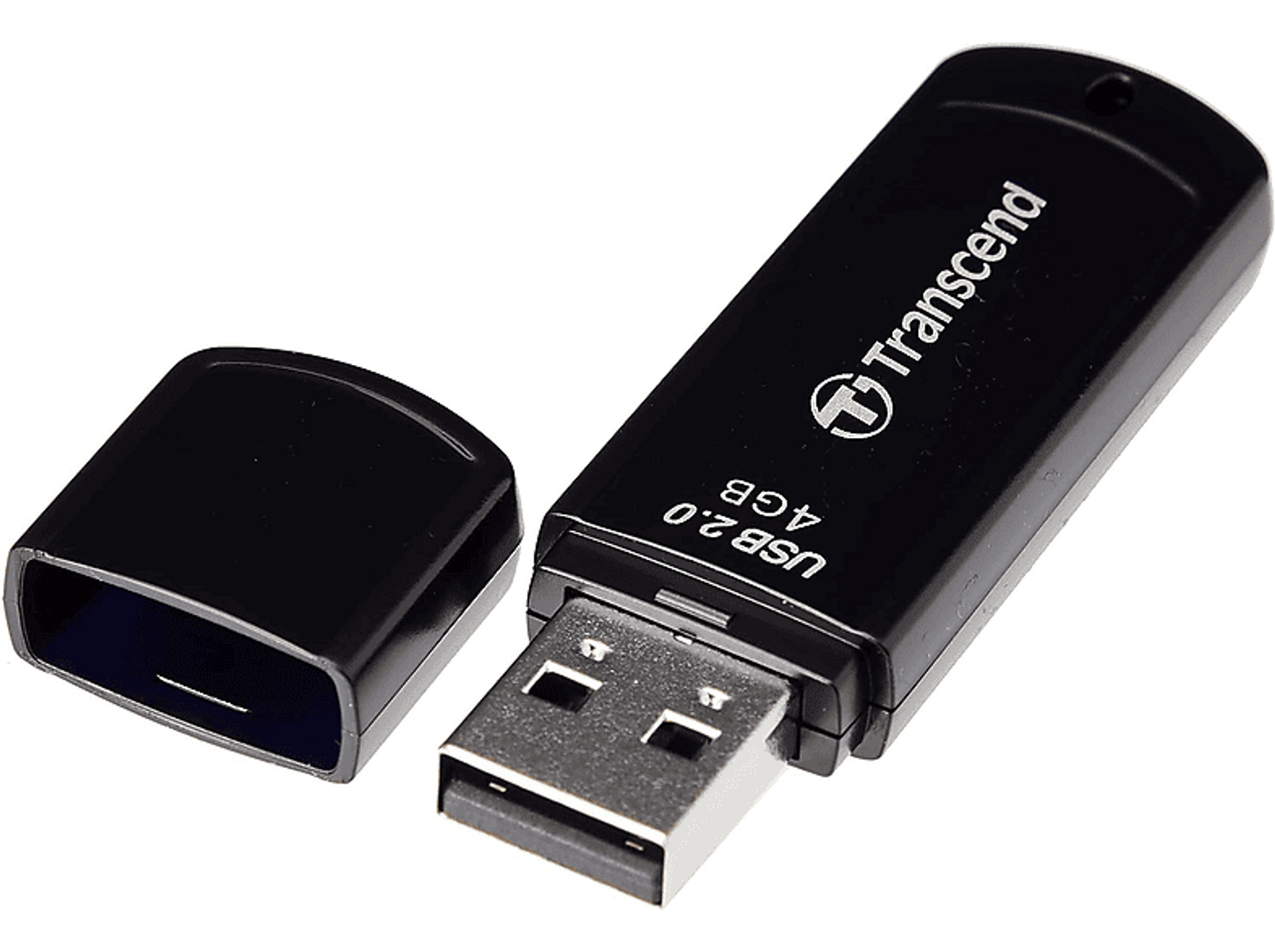 Czarny pendrive USB 2.0 Transcend z zdjętą nasadką. Białe tło.