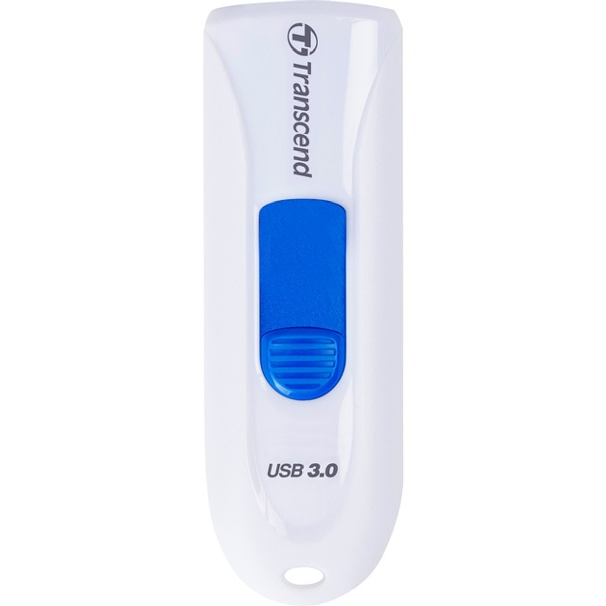 Biało-niebieski pendrive Transcend USB 3.0. Białe tło.