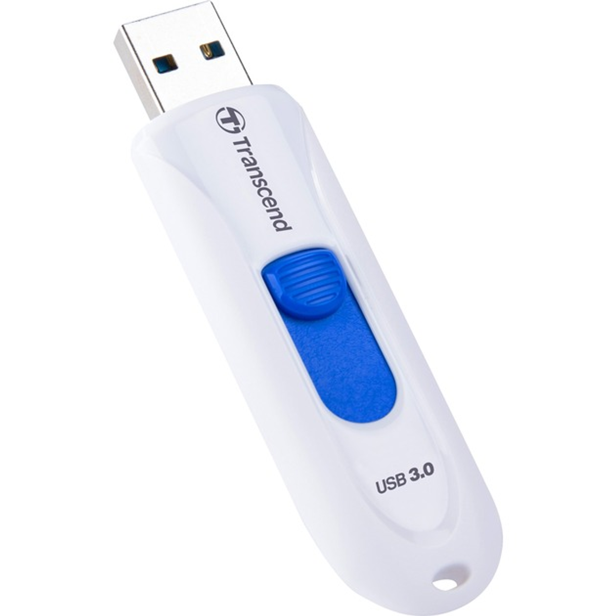 Biała pamięć USB z niebieskim przyciskiem. Etykieta USB 3.0. Białe tło.