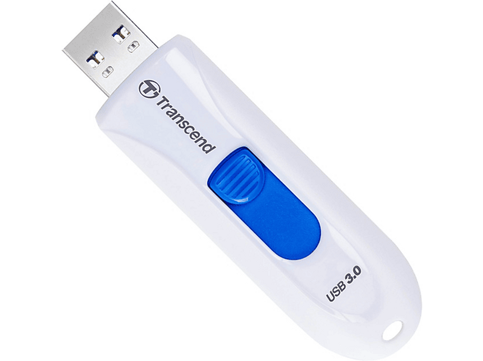 Biało-niebieski pendrive Transcend na białym tle.