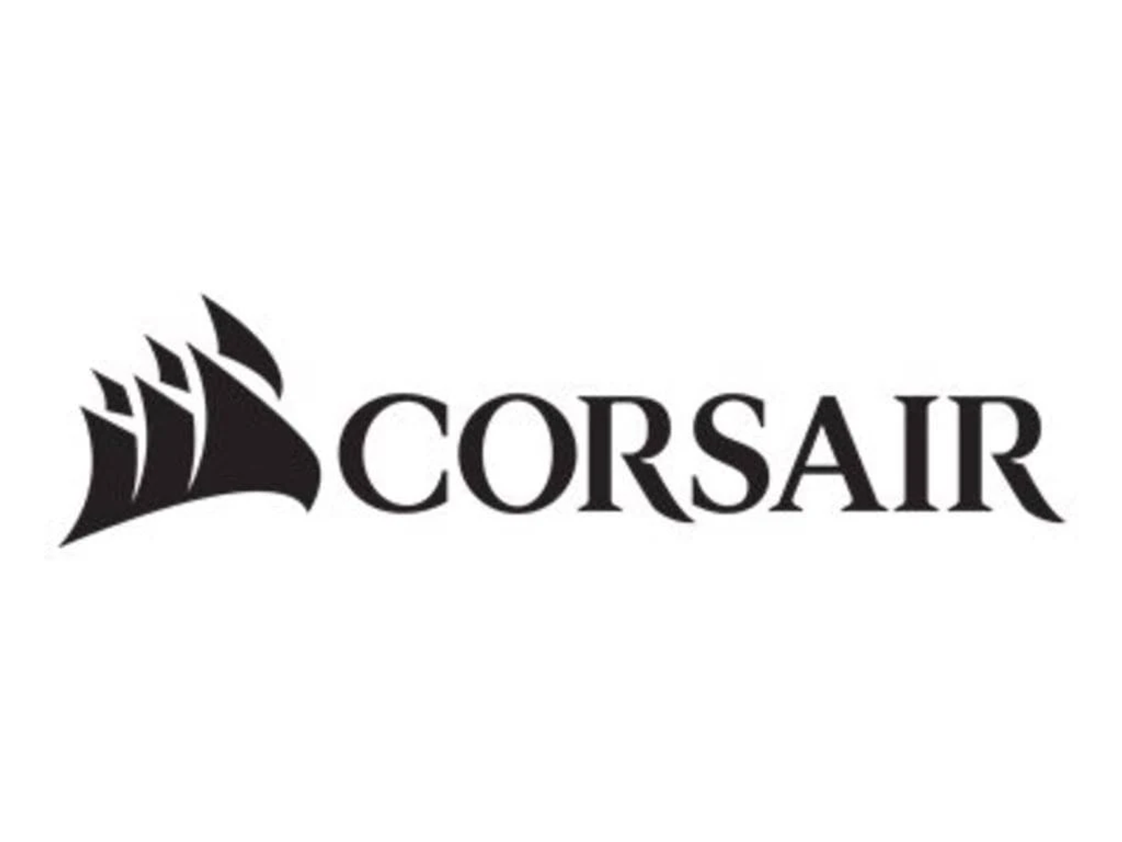 Logo Corsair. Czarne żagle ze słowem "CORSAIR" po prawej stronie.