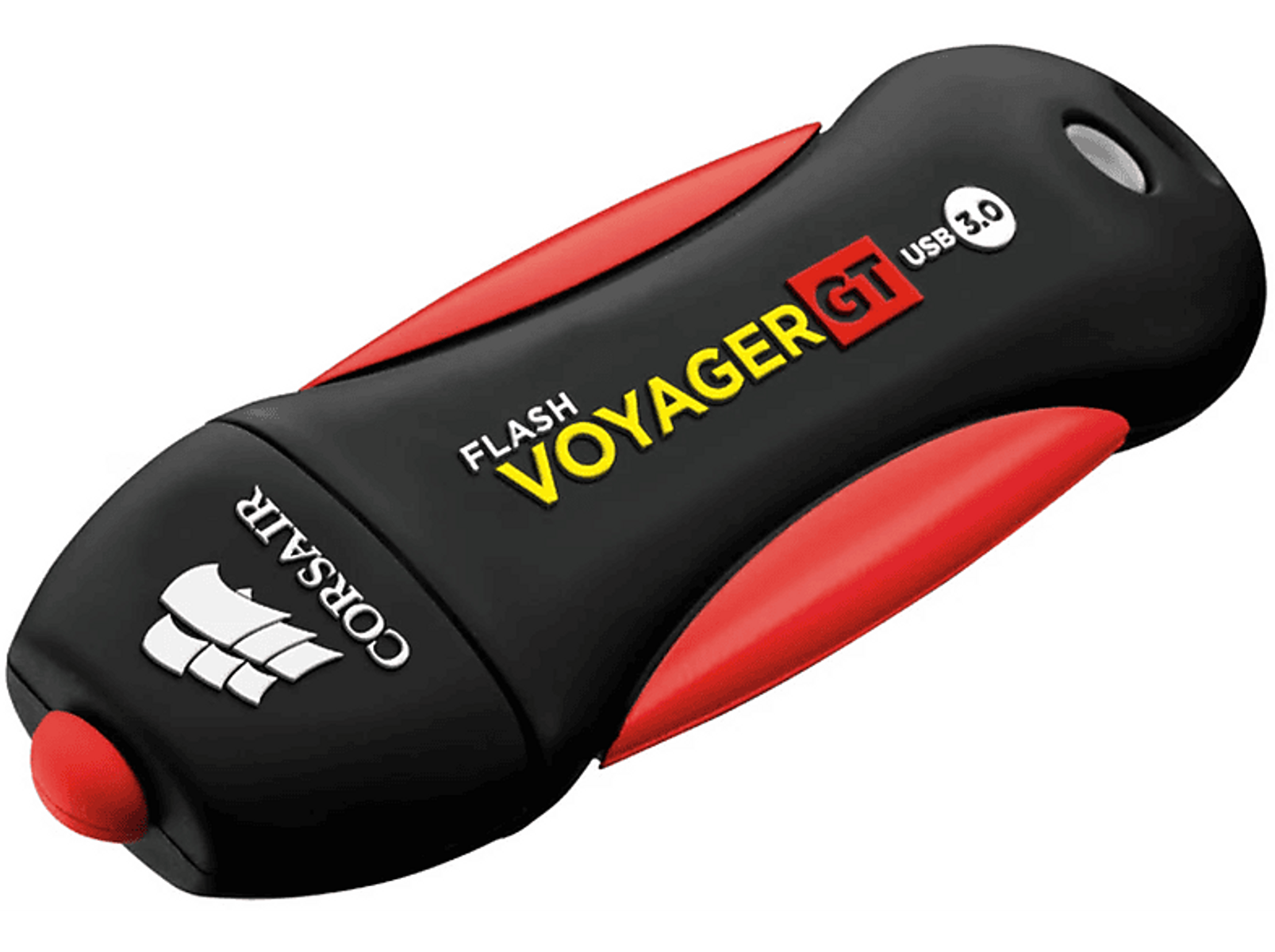 Czarno-czerwony pendrive USB z logo 'Flash Voyager GT' i 'Corsair'.
