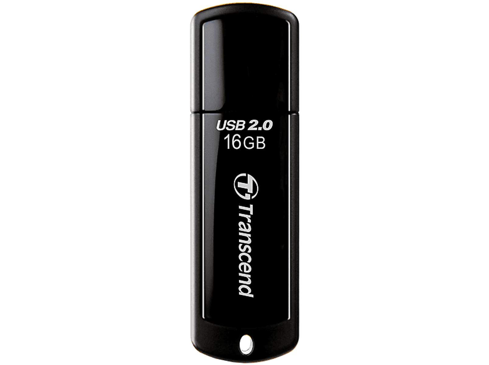 Czarny pendrive USB, białe logo „Transcend” z boku i tekst „USB 2.0 16GB”.