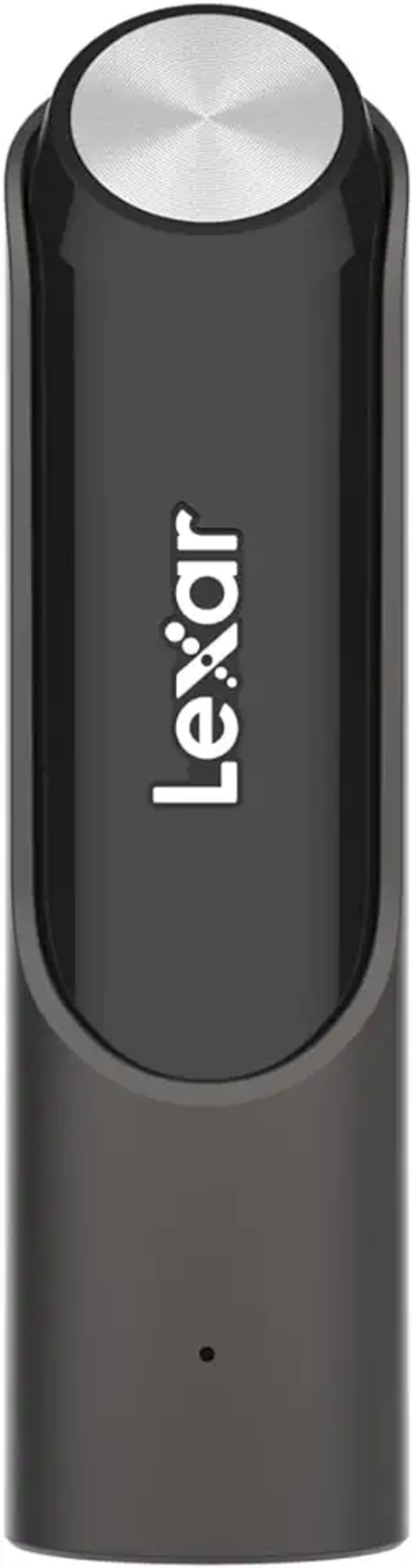 Penna USB Lexar nera. Ha una parte superiore argentata. L'unità è lunga.