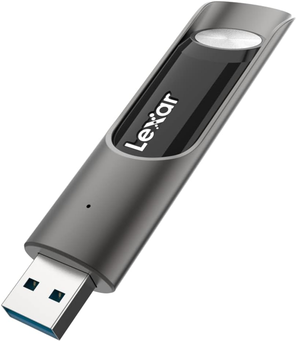 Chiavetta USB argentata con dettagli neri e il marchio Lexar.