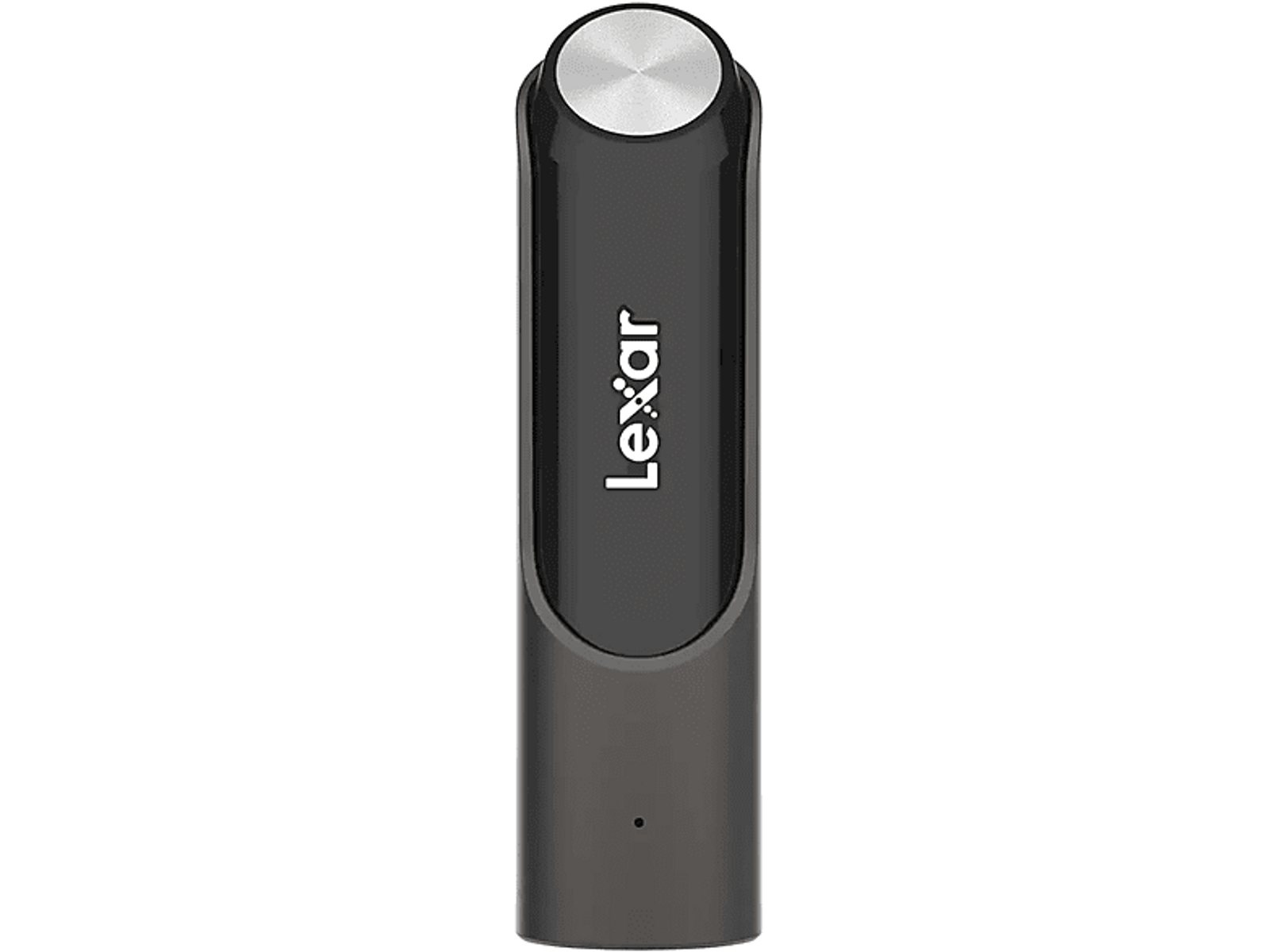 Chiavetta USB Lexar nera. Ha un top argentato e il logo Lexar in bianco.