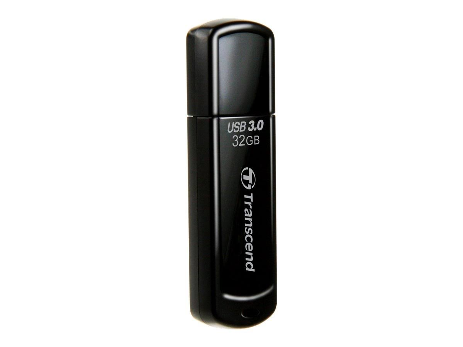Zwarte USB 3.0 flashdrive. De drive heeft een glanzend oppervlak en de merknaam Transcend.