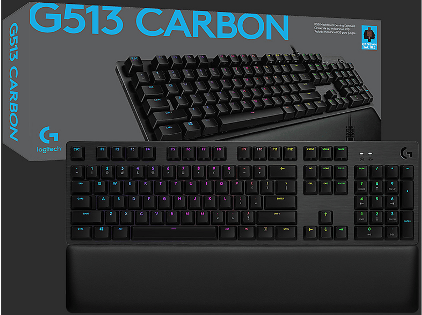 Teclado G513 Carbon negro con reposamuñecas y caja. Fondo gris oscuro.