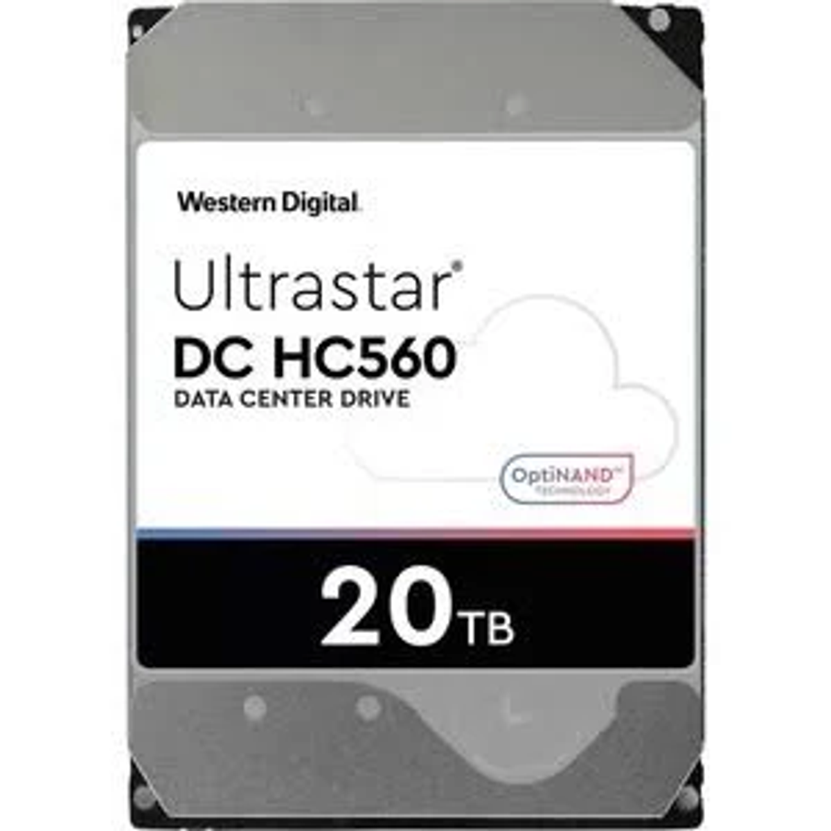Dysk twardy Western Digital 20 TB. Dysk jest szary i ma etykiety Ultrastar, DC HC560 i OptiNAND.