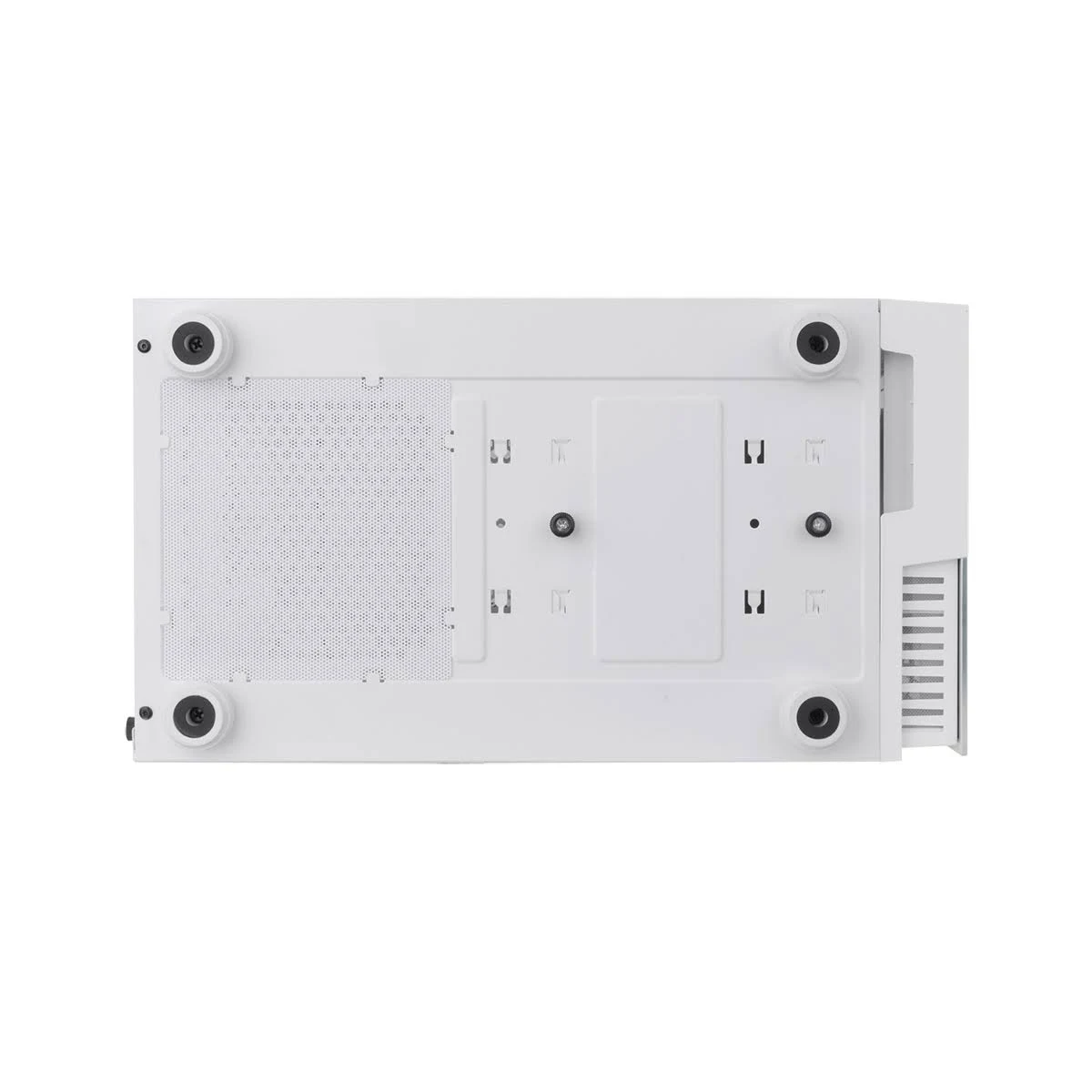 Biała podstawa obudowy komputera z wieloma otworami na śruby i wentylacją. Widoczne czarne nóżki.