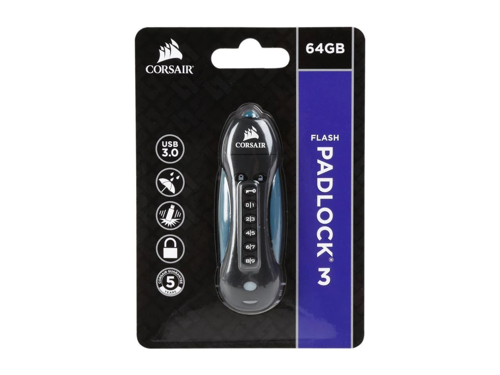 Czarny i niebieski pendrive Corsair USB w przezroczystym opakowaniu detalicznym.