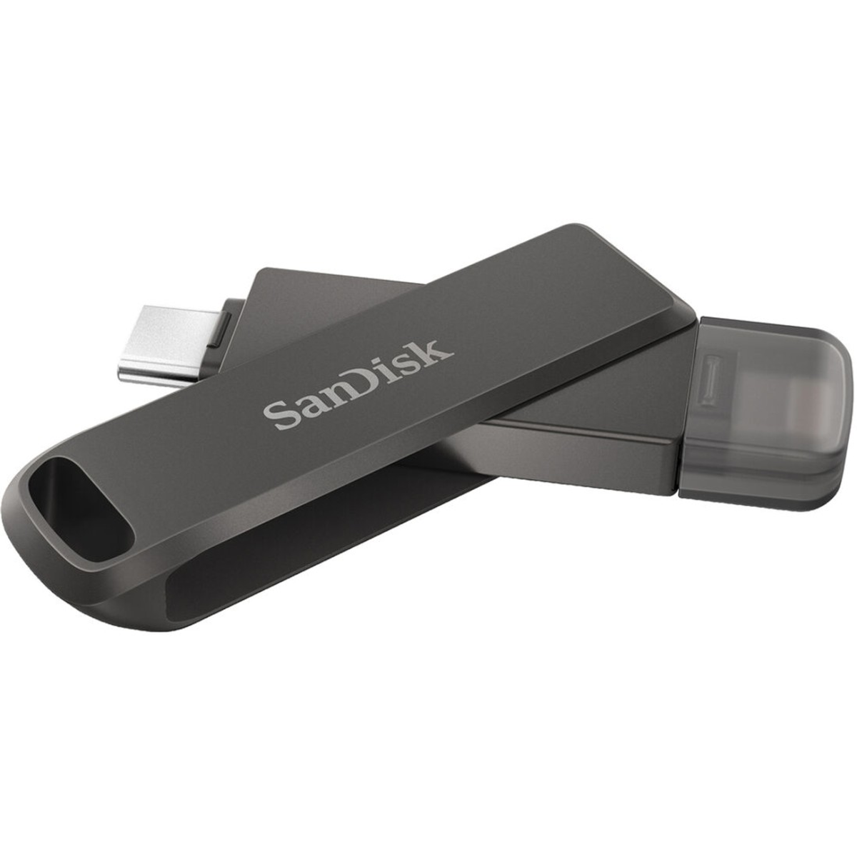 Chiavetta USB grigia con corpo in metallo, con il logo Sandisk, su sfondo bianco.