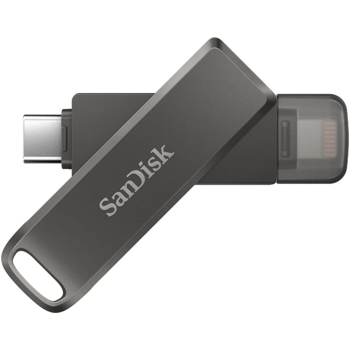Chiavetta USB Sandisk grigio scuro con porta USB-C e cappuccio trasparente.