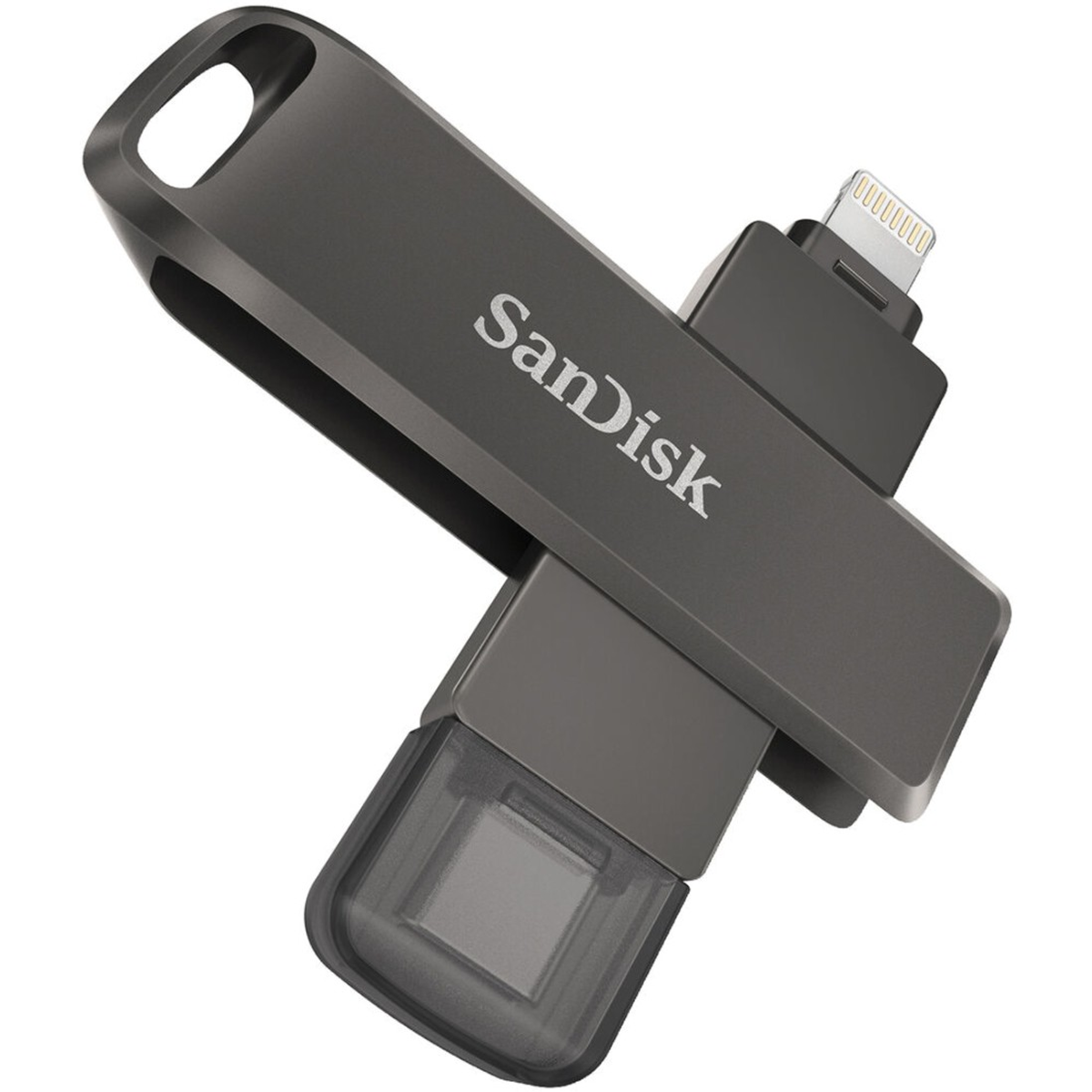 Unità USB SanDisk grigio scuro. Design a doppio connettore, logo del marchio.