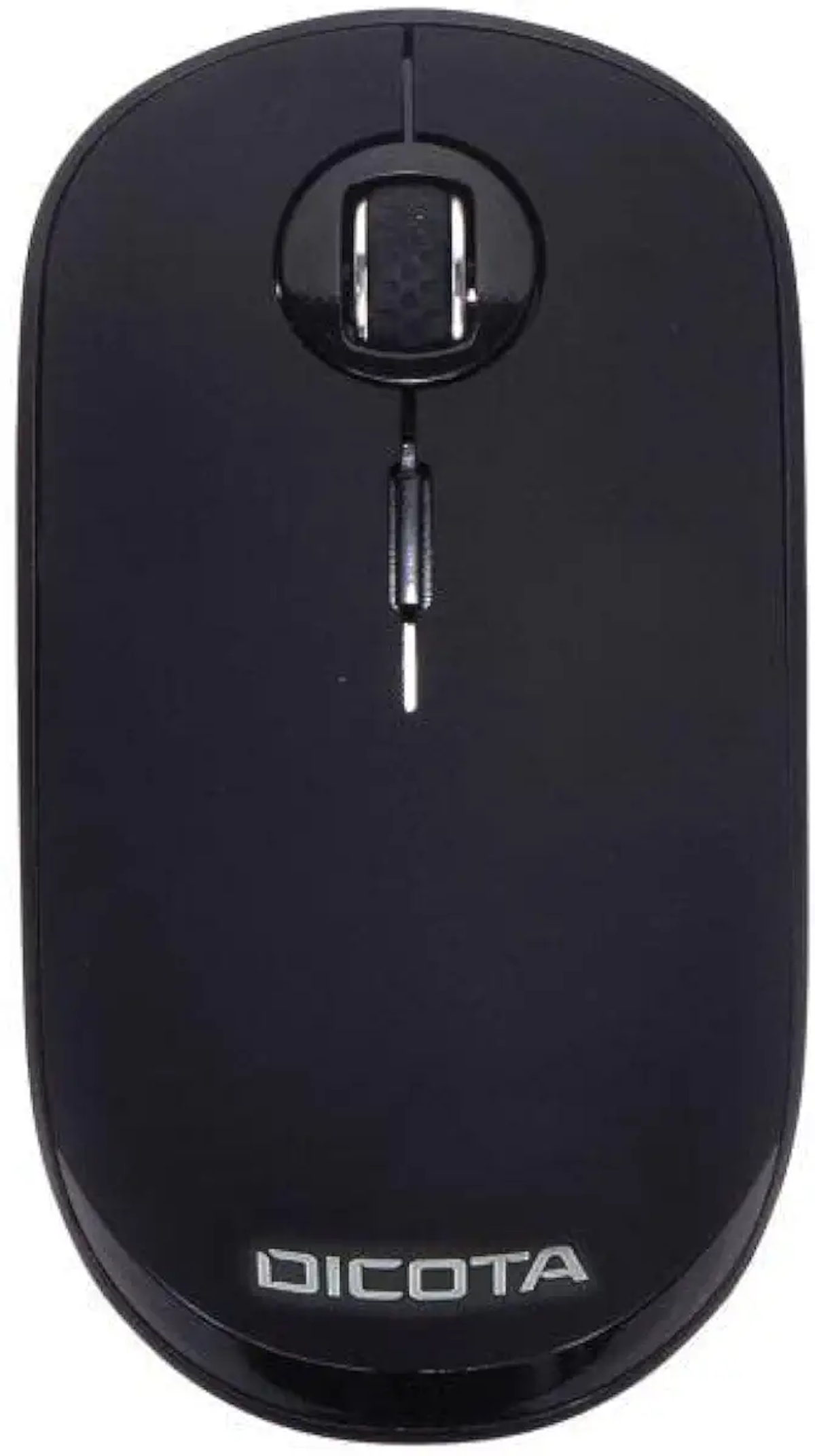 Un mouse nero con una rotella di scorrimento. Il logo Dicota è in basso.