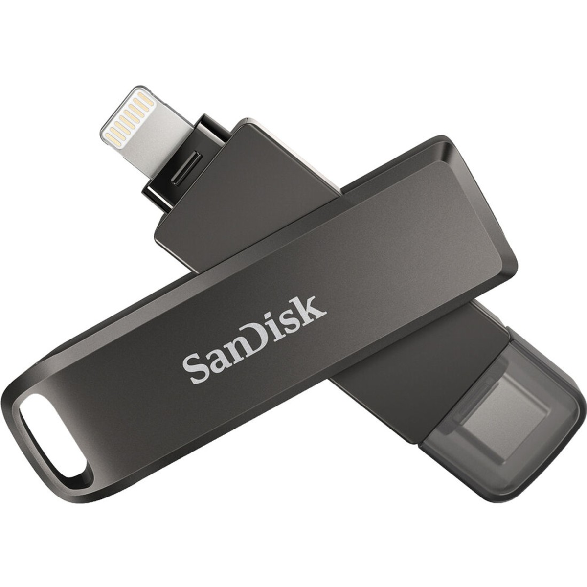 Chiavetta USB SanDisk nera e grigia con connettore Lightning.