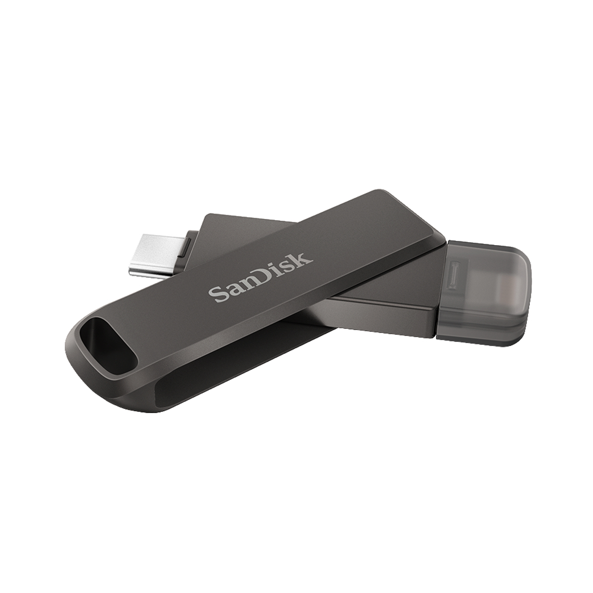 Unità flash USB-C grigia con meccanismo rotante.