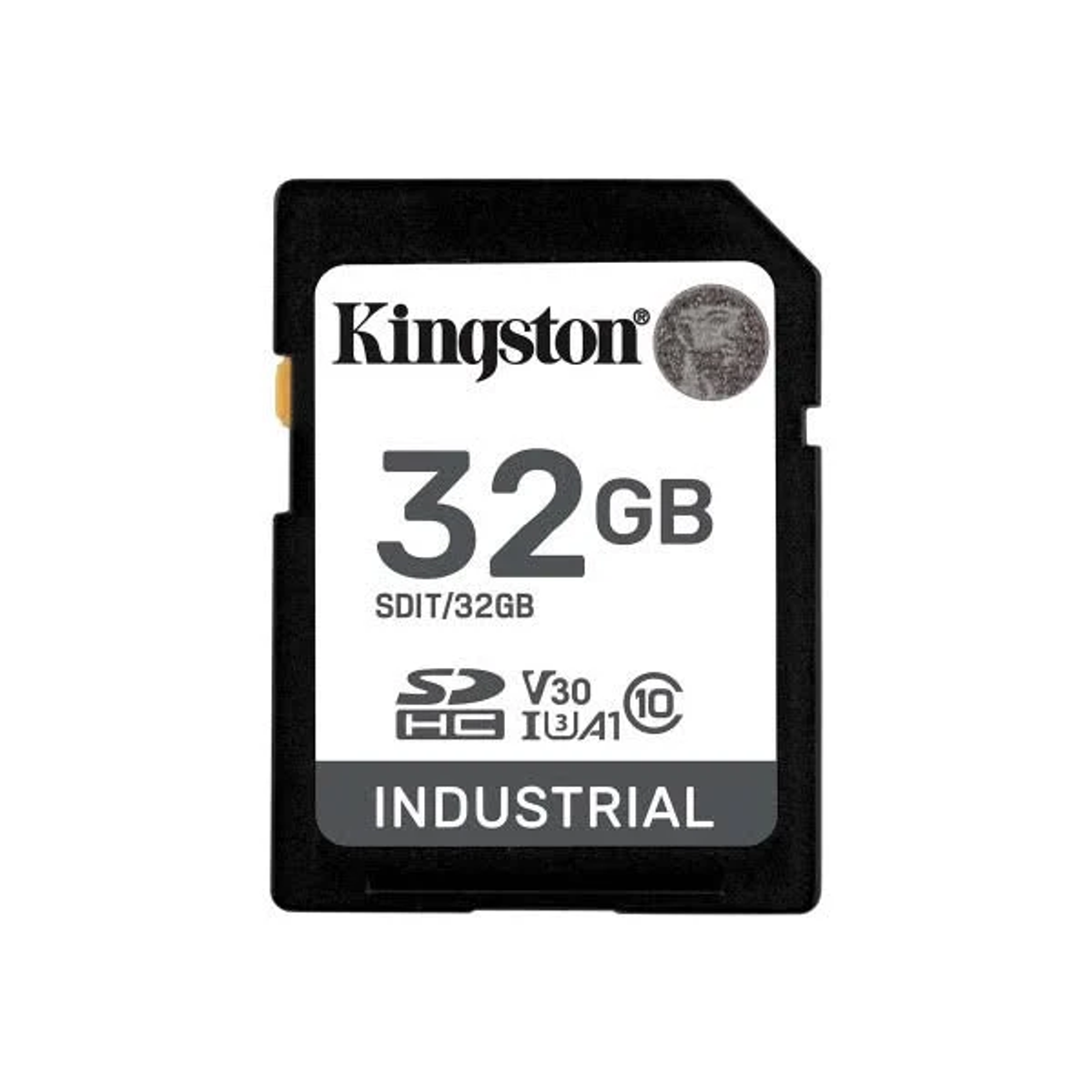 Scheda SD Kingston nera, 32GB, con etichetta bianca su bianco.