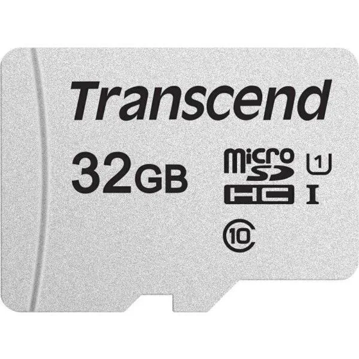 Silberne Transcend 32GB microSD-Karte, mit Text und Logos sichtbar.