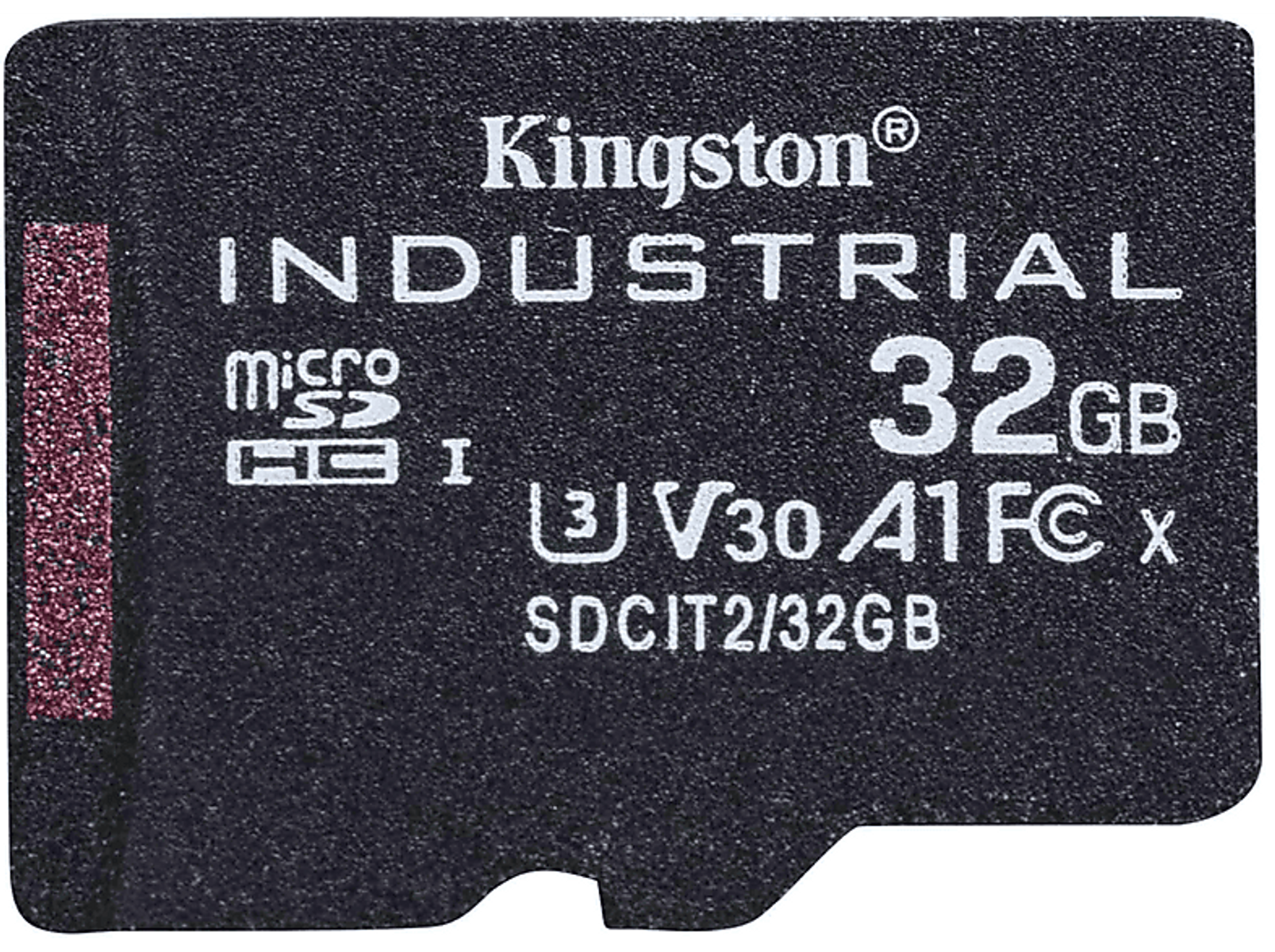 Nahaufnahme einer Kingston Industrial 32GB microSD-Karte, schwarz mit weißem und rotem Text.