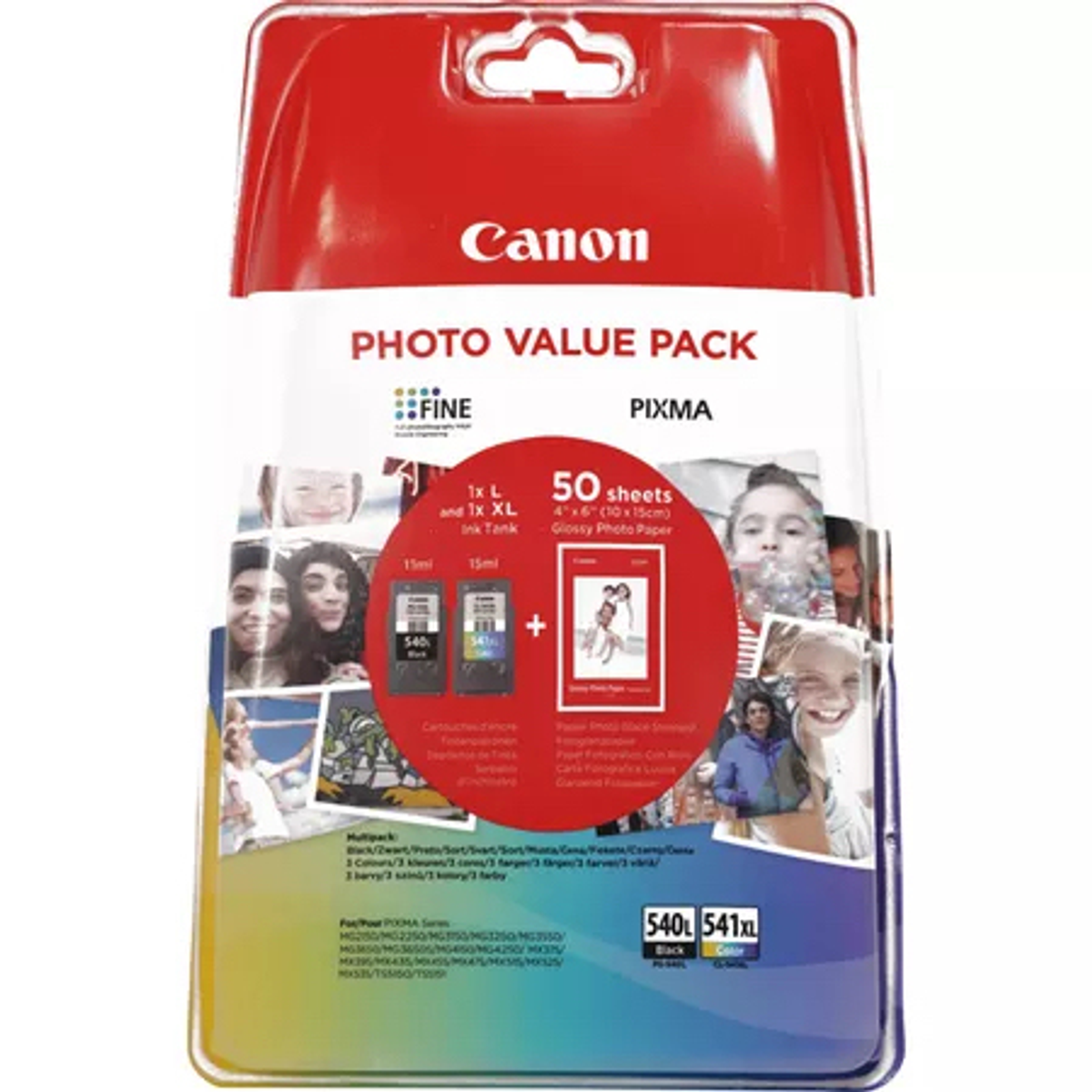 Canon photo value pack. Contains photos, ink cartridges. White background.
