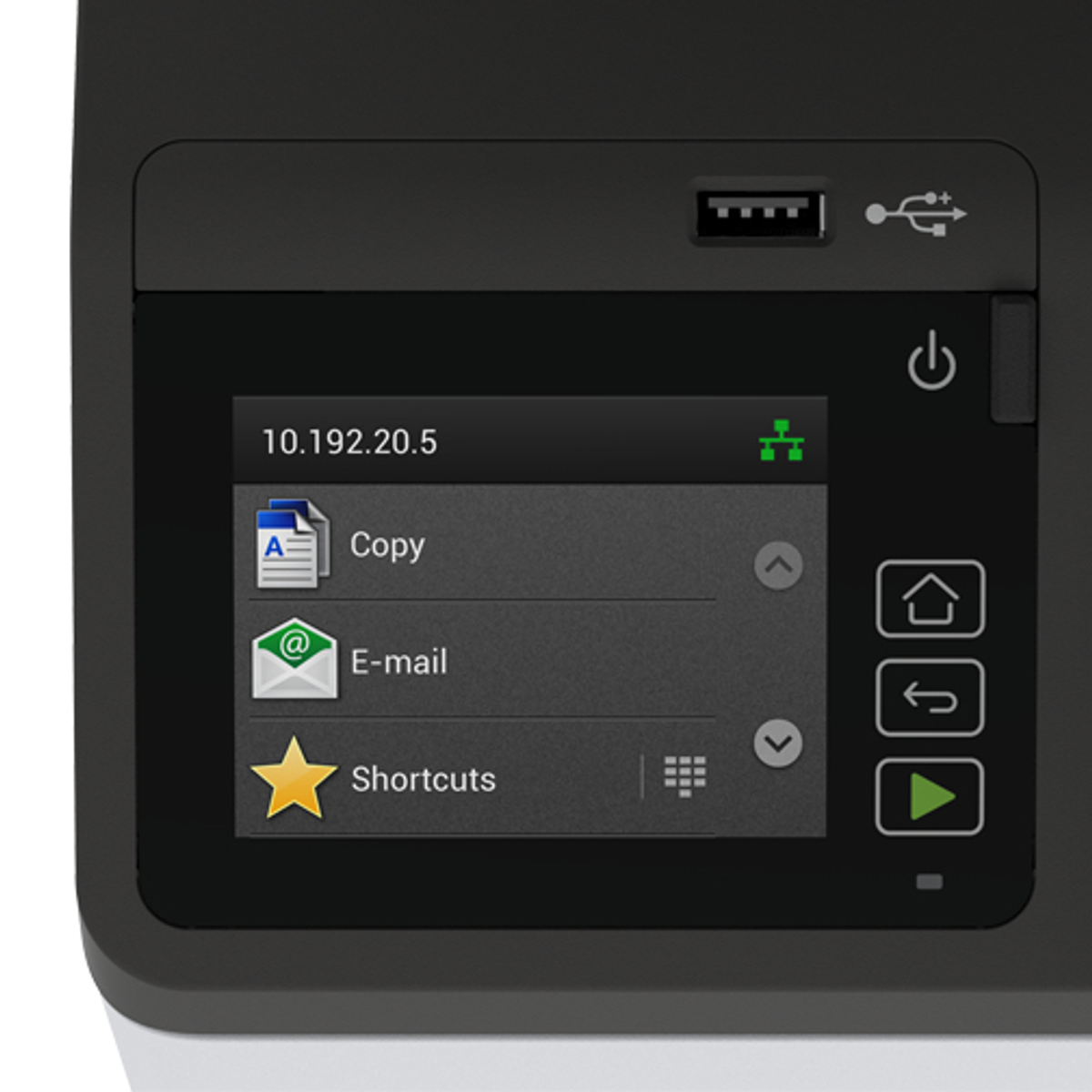 Zbliżenie panelu sterowania drukarki z ekranem i przyciskami.