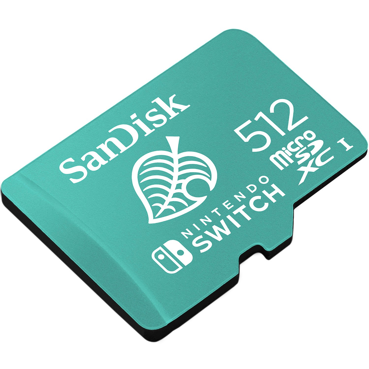Scheda Micro SD SanDisk turchese con logo Nintendo Switch.