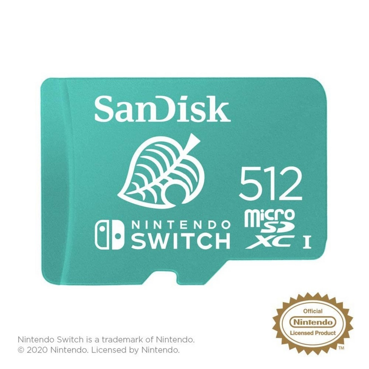 Una scheda Micro SD SanDisk verde acqua per Nintendo Switch con logo a foglia bianca.