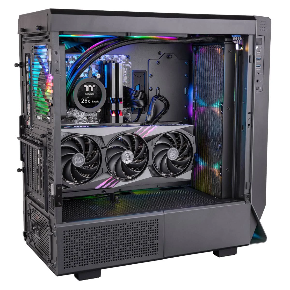 Schwarzes Computergehäuse, offen, mit internen Komponenten: GPU, Flüssigkeitskühler und Lüfter.