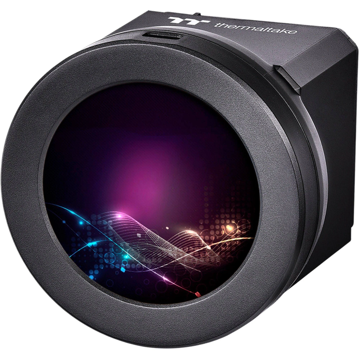 Eine schwarze Thermaltake-Kamera mit einer Lichtshow im Inneren des Objektivs. Das Objektiv ist rund.