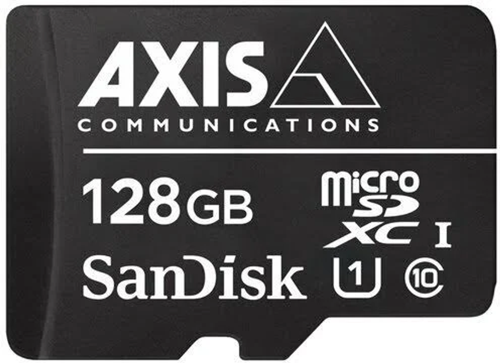 Schwarze Axis Communications SD-Karte. Weißer Text. 128 GB Kapazität. Schwarz-Weiß-Farbschema.