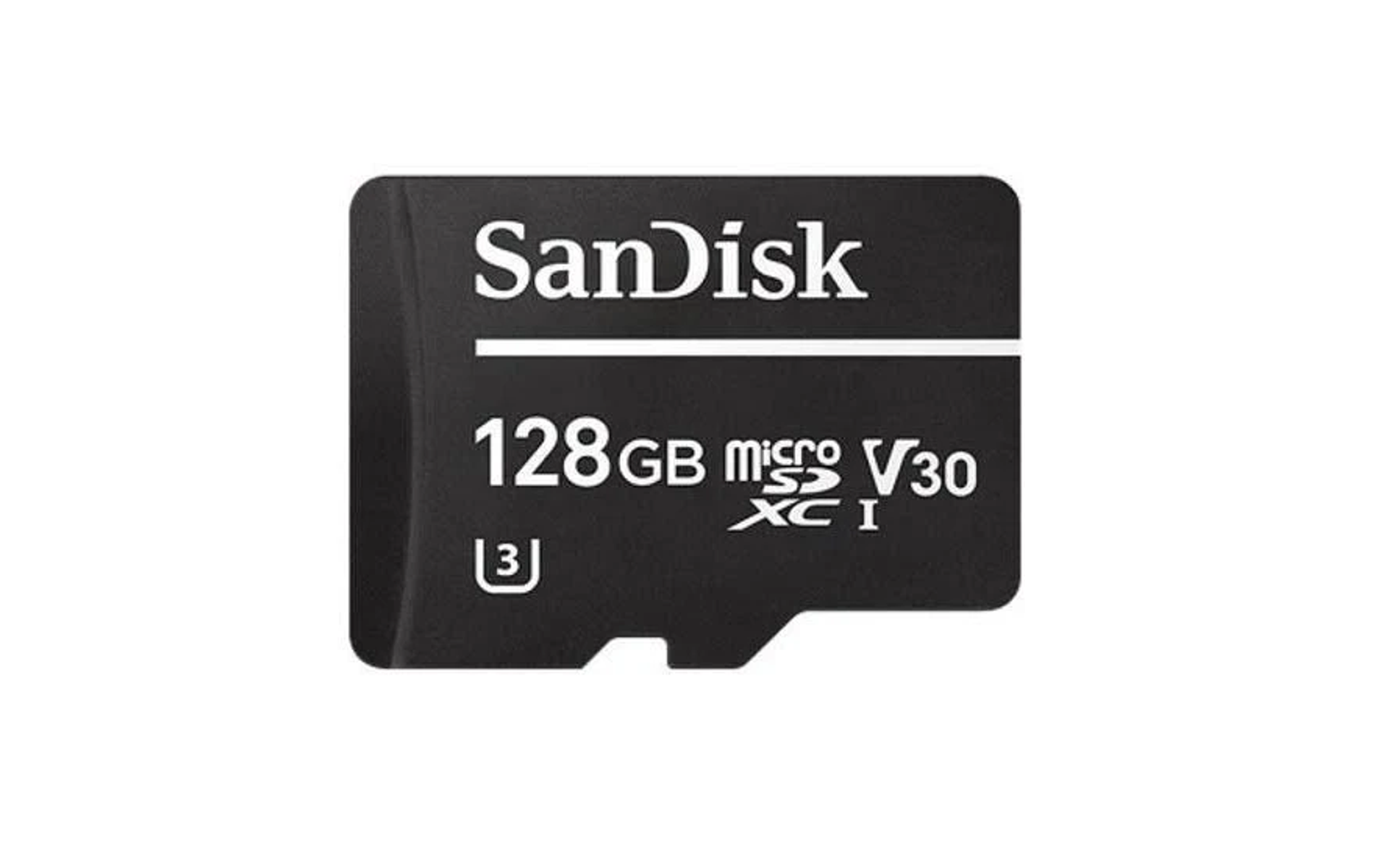 Eine schwarze SanDisk Micro-SD-Karte. Der Text lautet 128 GB micro SDXC I V30.