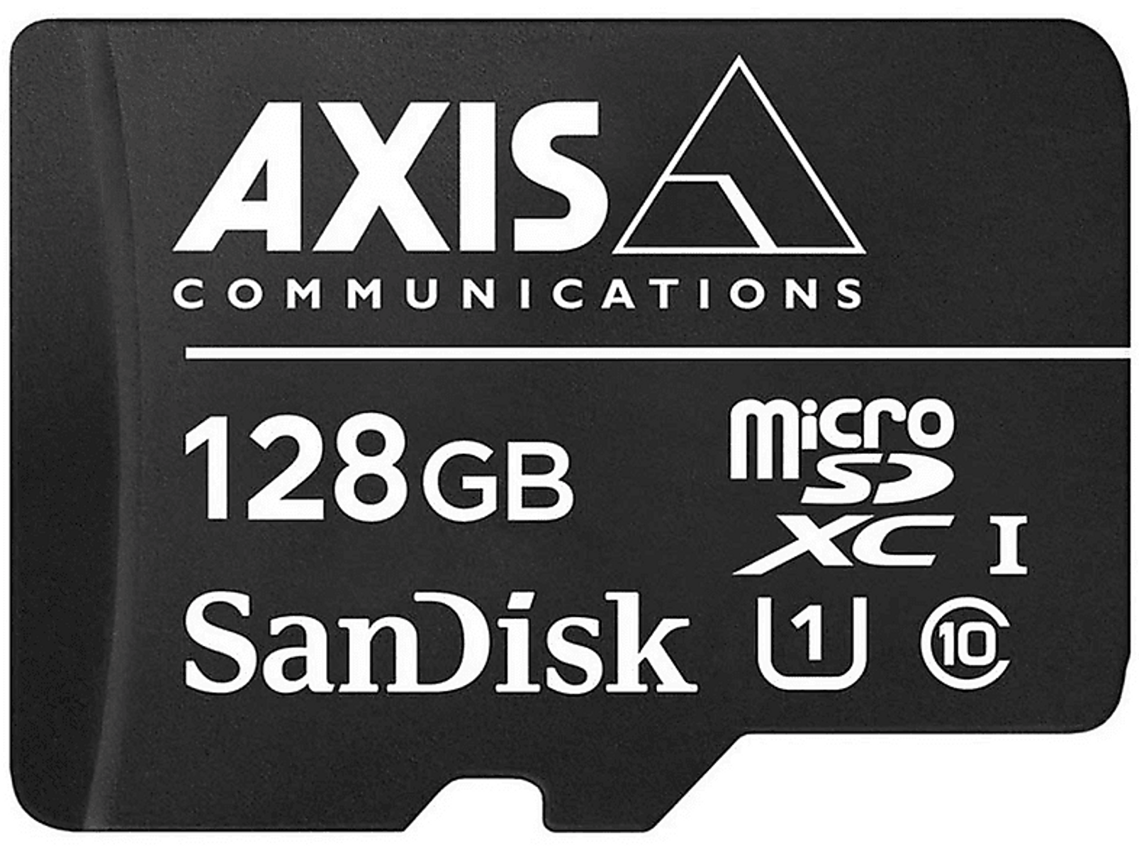 Schwarze SD-Karte mit weißem Text: Axis Communications, 128 GB, SanDisk und Micro SD-Logo.