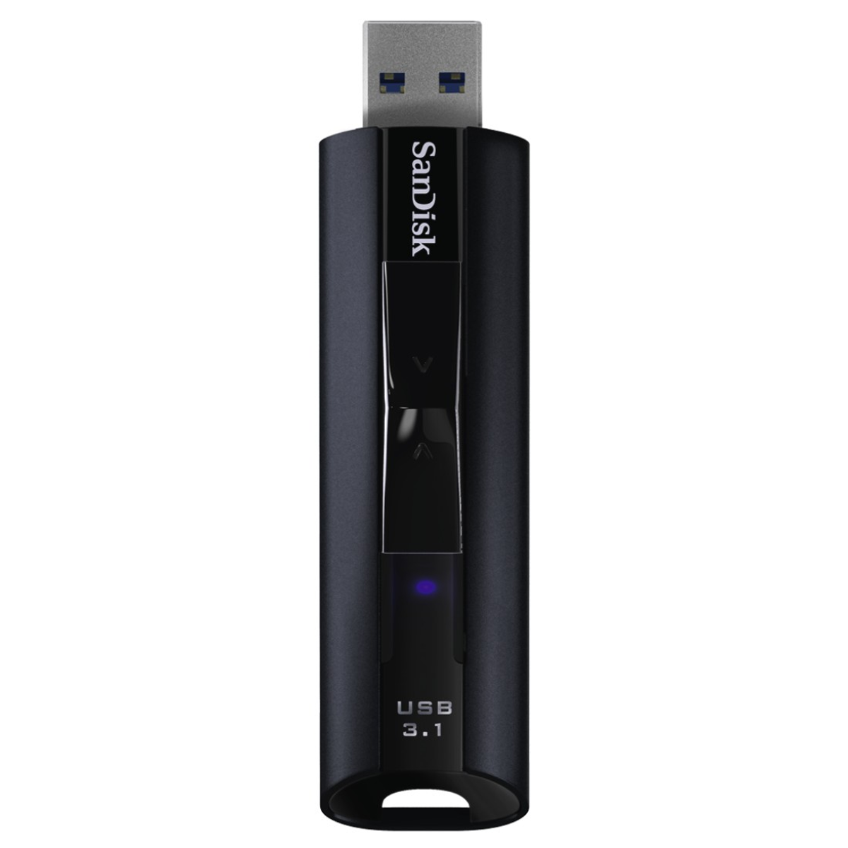 Czarno-srebrny pendrive Sandisk USB 3.1. Czarne tło. Widoczne USB 3.1.