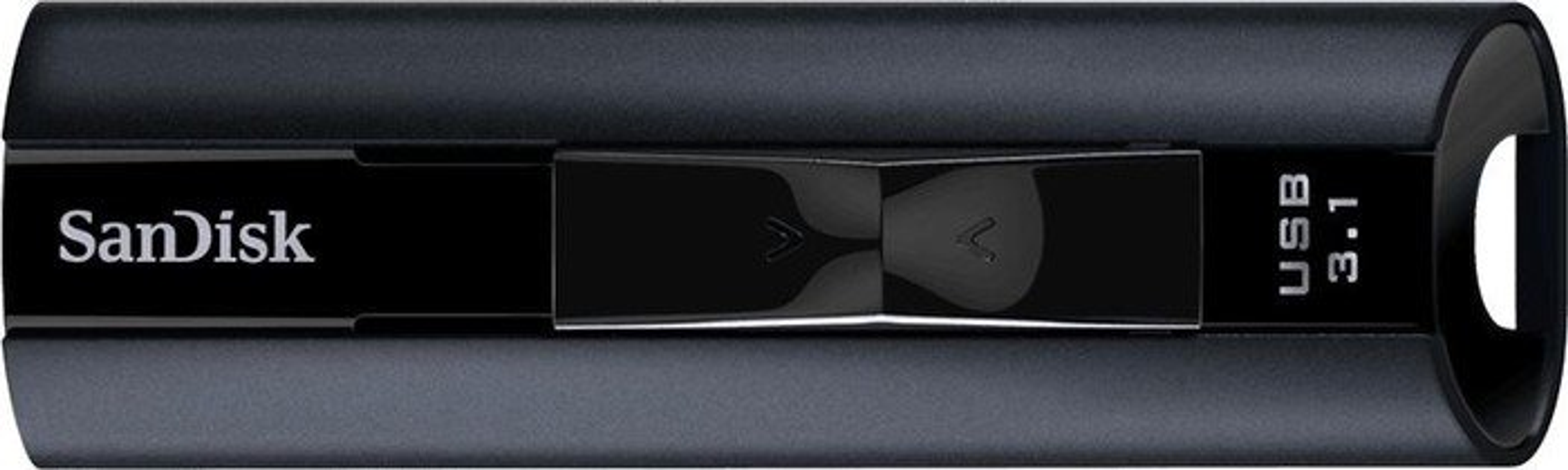 Czarny pendrive SanDisk. Srebrny akcent i logo. Białe tło.